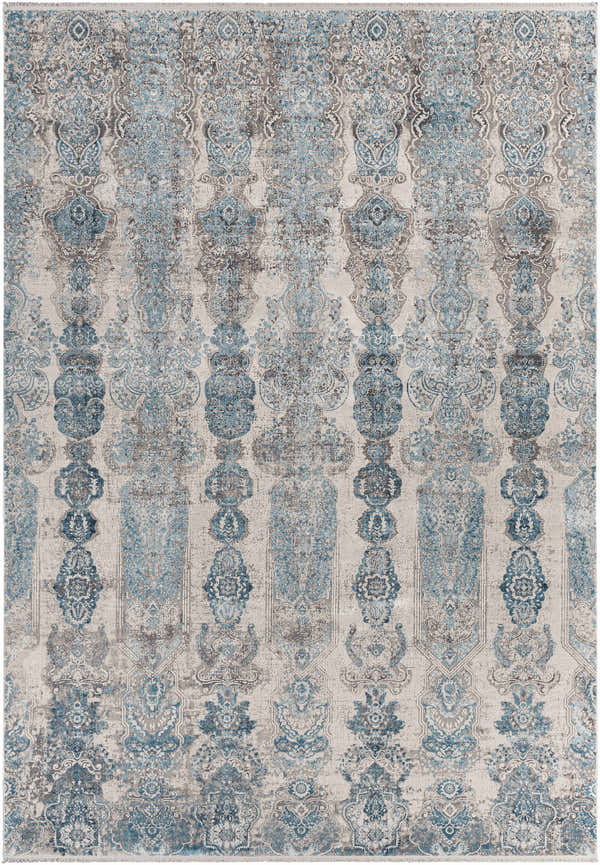Close-up of Rydalmere Luxury Ultra Soft Rug. Rectangle rug with traditional blue and gray damask pattern. Design-Rectangle