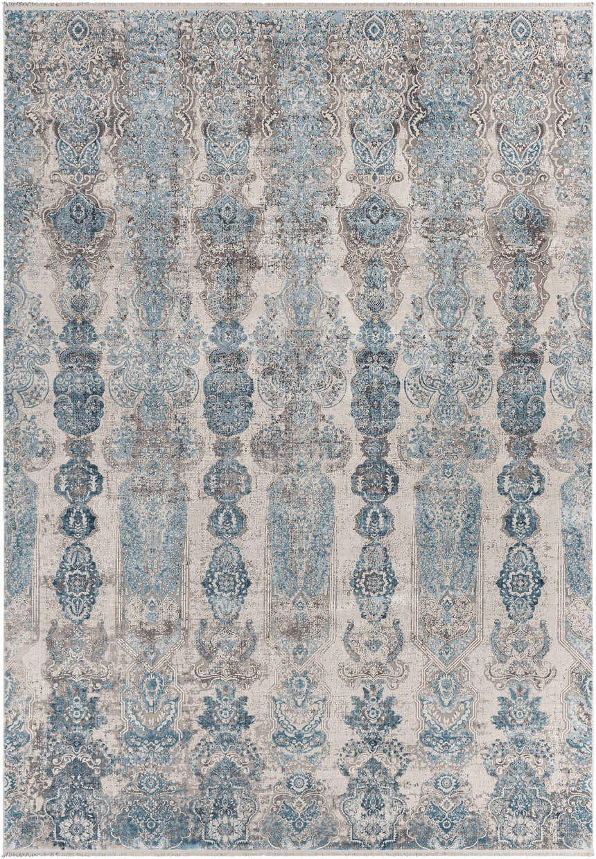 Close-up of Rydalmere Luxury Ultra Soft Rug. Rectangle rug with traditional blue and gray damask pattern. Design-Rectangle