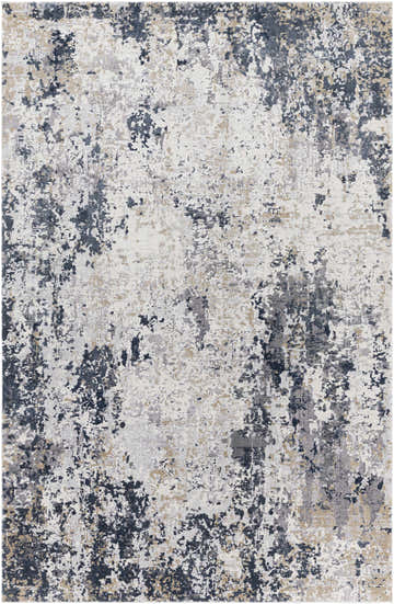 Close-up of Ryhill Textured Luxe Area Rug with charcoal, dark blue, beige, gray and tan abstract pattern. Design-Rectangle-6796