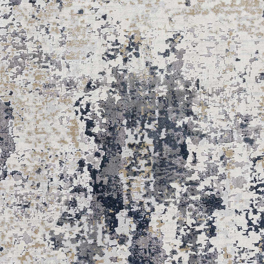 Close-up of the Ryhill Textured Luxe Area Rug showing charcoal, dark blue, beige, and gray abstract pattern. Swatch