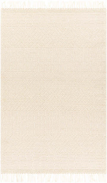 Close-up of the Ryne Area Rug, a hand-woven, white thatch rug with a subtle geometric pattern and fringe detail. Design-Rectangle-576
