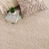 Close-up of the Heavenly Dark Beige Area Rug, a plush shag rug with books, pillows, and a small plant. Styleshot