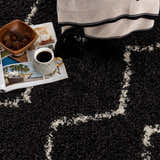Close-up of the charcoal Ennis Area Rug with a light beige geometric pattern and shag texture. Styled with a coffee cup and blanket. Styleshot
