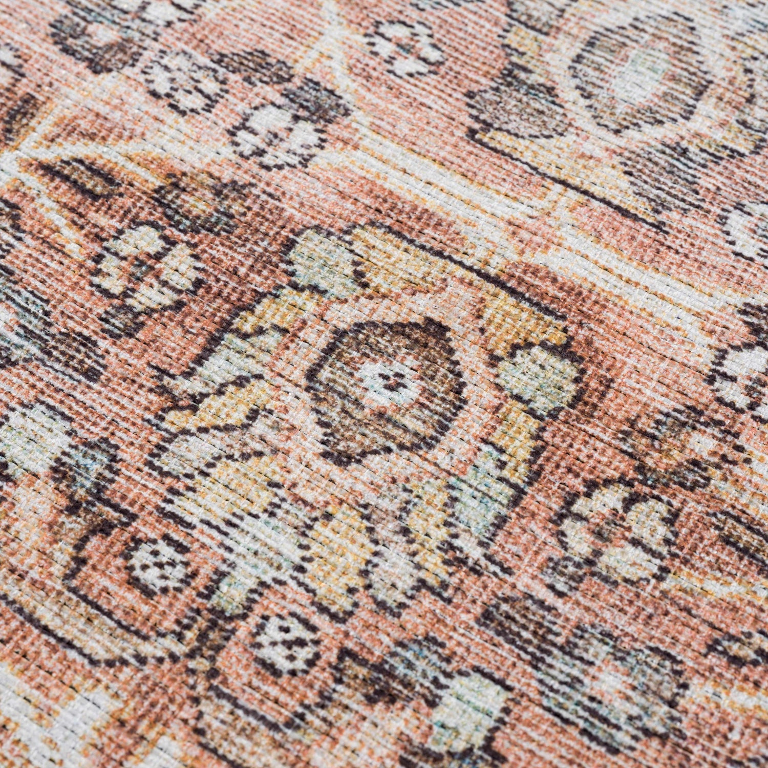 Close-up of Bian Washable Area Rug showing a traditional Persian pattern in peach, brown, and off-white hues. Texture