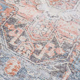 Close-up of the Rosman Distressed Washable Area Rug. Beige, blue, brick red, and gray oriental pattern with a distressed texture. Texture