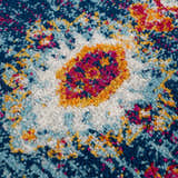 Close-up of the Istanbul Medallion Blue & Orange Area Rug showing its navy, turquoise, orange, and pink bohemian pattern. Texture