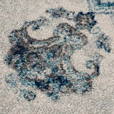 Close-up of the Istanbul Blue Area Rug showing its ivory base and navy, gray, and light blue floral pattern. Texture