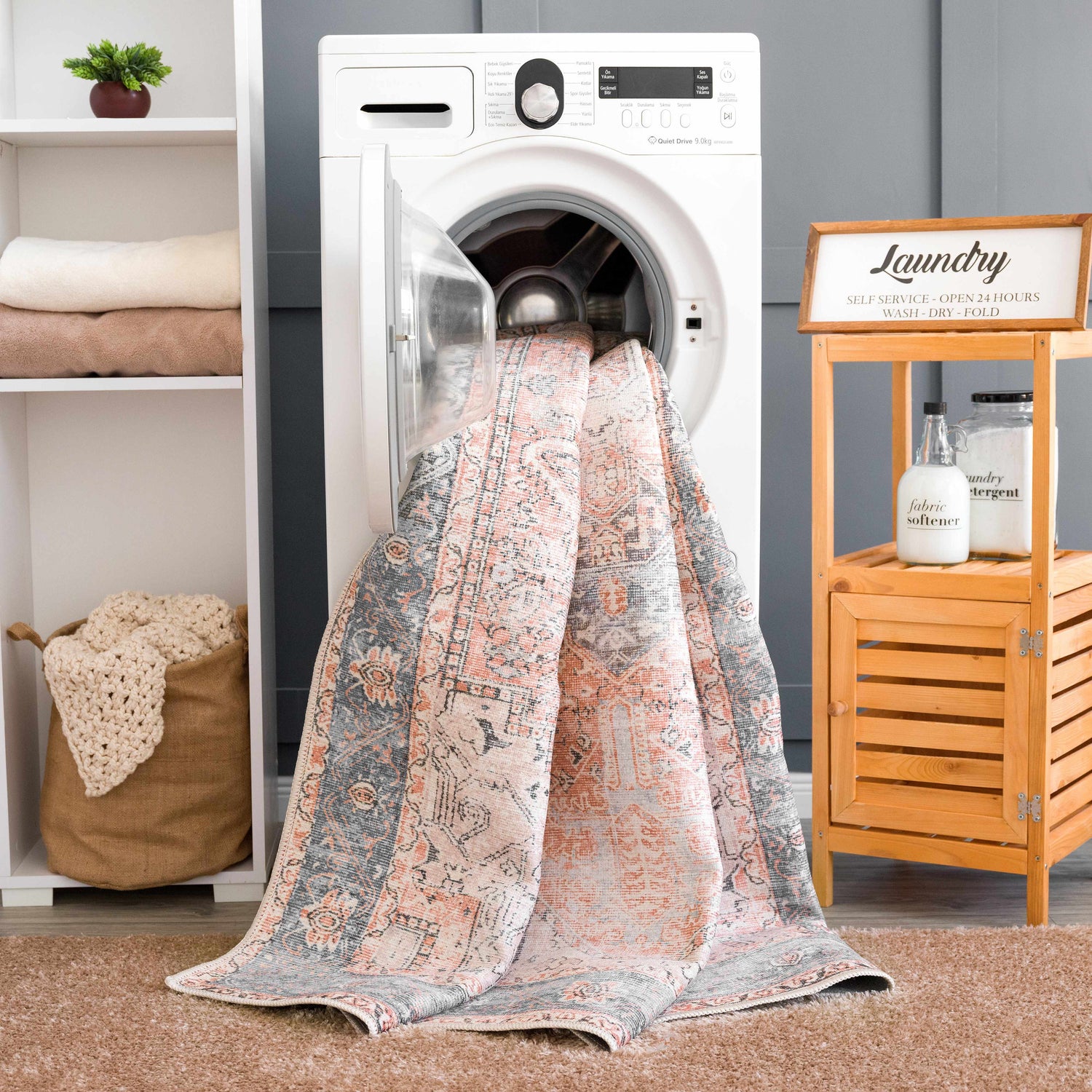Laundry room scene with a Rosman Distressed Washable Area Rug being washed in a washing machine. Washing-Machine