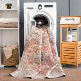 Laundry room scene with Konstantina Washable Area Rug being washed. Farmhouse style with peach, beige, and blue tones. Washing-Machine