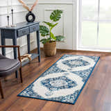 Entryway scene with Istanbul Blue Area Rug, navy console table, chair, and plant. Roomscene-Runner