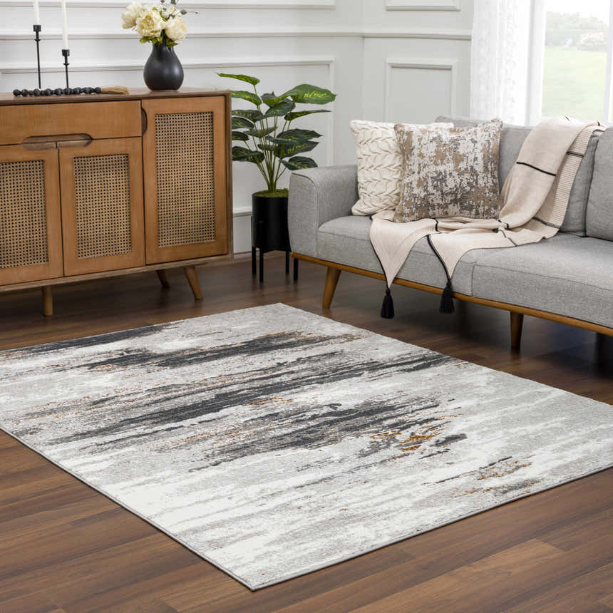 Living room scene with a gray sofa and the Live Marble Gray Area Rug on a dark wood floor. Roomscene-Rectangle