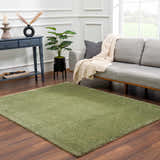 Living room scene with a gray sofa and the Heavenly Solid Green Plush Rug on a wood floor. Roomscene-Rectangle