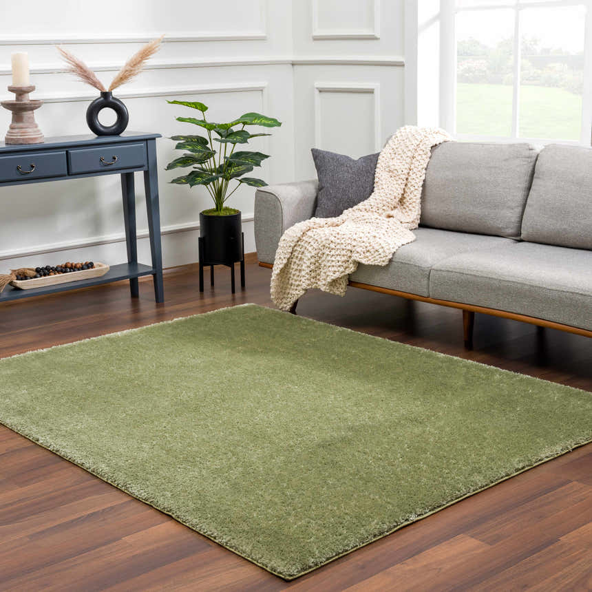 Living room scene with a gray sofa and the Heavenly Solid Green Plush Rug on a wood floor. Roomscene-Rectangle
