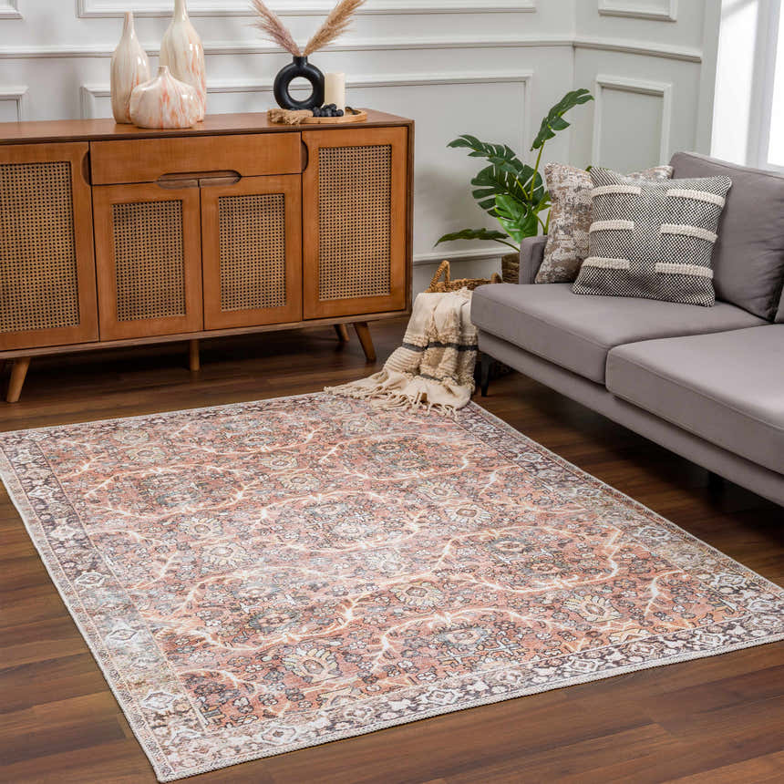 Living room scene with a Bian Washable Area Rug in peach, beige, and blue. Farmhouse style with wood cabinet and gray sofa. Roomscene-Rectangle