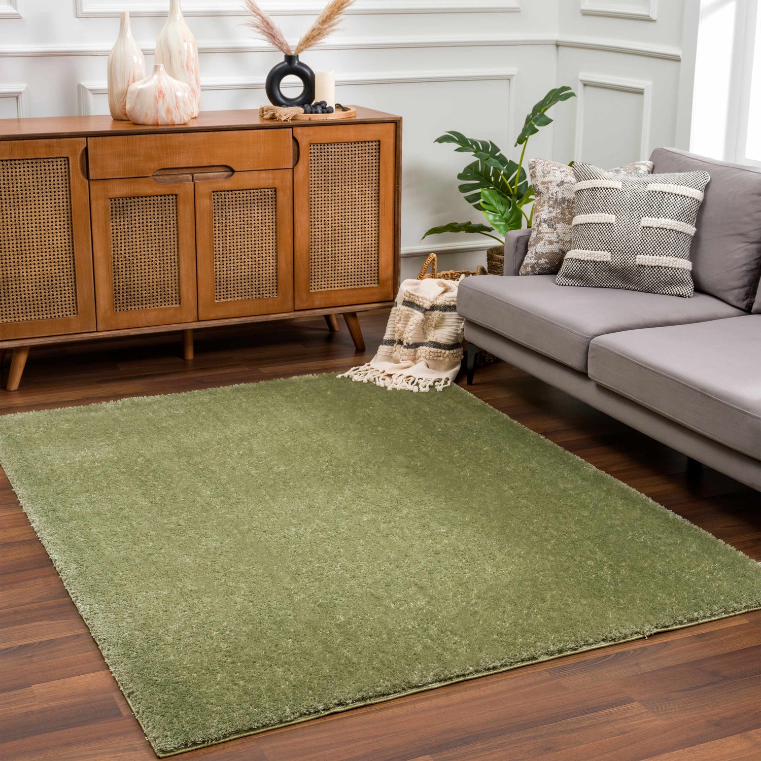 Living room scene with a Heavenly Solid Green Plush Rug, gray sofa, and wood cabinet. Roomscene-Rectangle