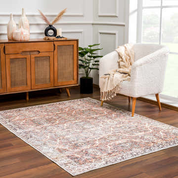Living room scene with a Bian Washable Area Rug in peach, beige, and brown tones, styled with a white chair and wood cabinet. Roomscene-Rectangle