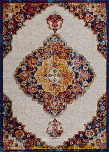 Close-up of the Istanbul Orange Area Rug, featuring a colorful Persian-inspired medallion design with navy, pink, and mustard accents. Design-Rectangle