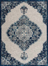 Close-up of the Istanbul Blue Area Rug. Features a traditional Persian-style design in ivory and navy. Design-Rectangle