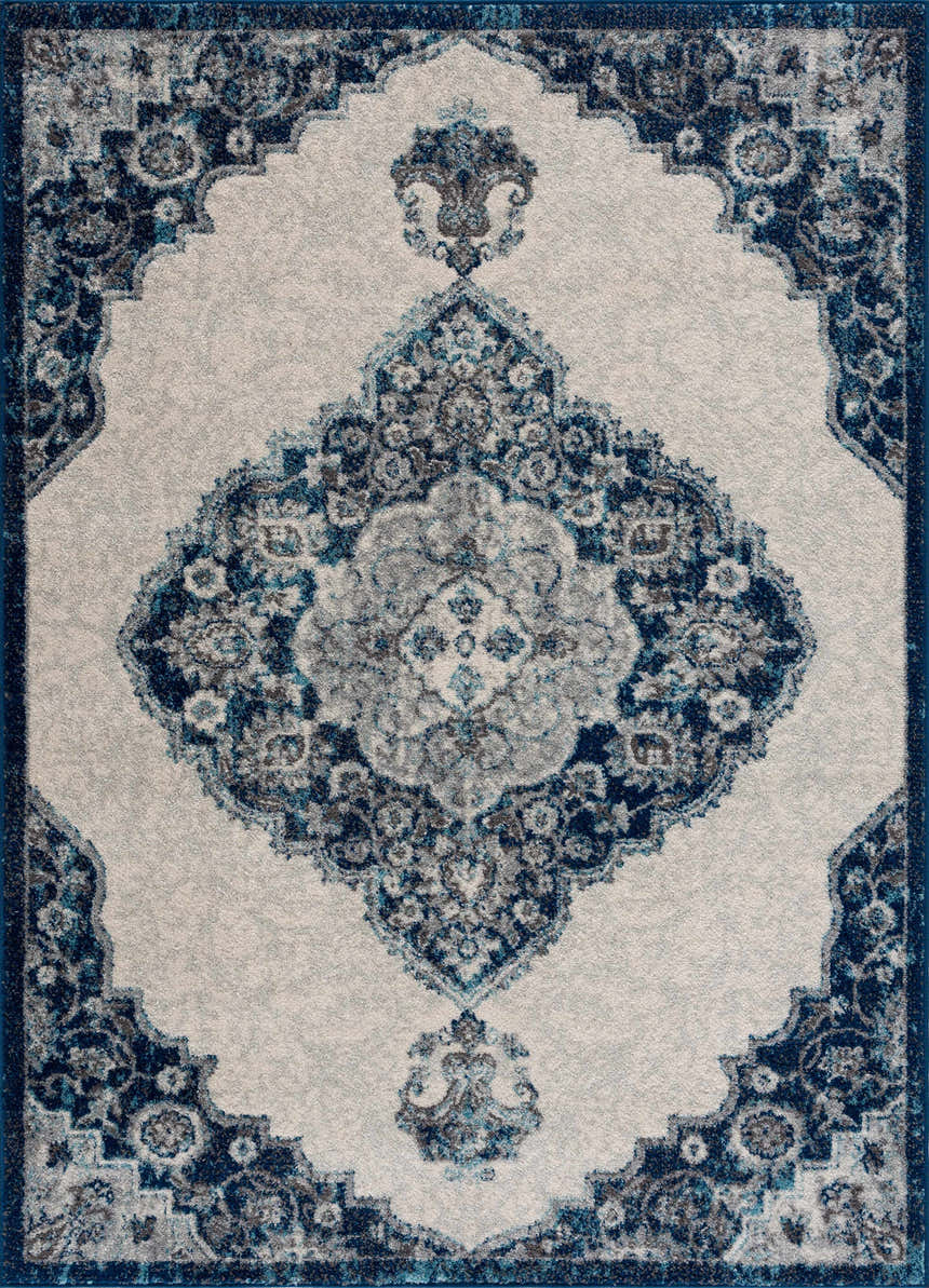 Close-up of the Istanbul Blue Area Rug. Features a traditional Persian-style design in ivory and navy. Design-Rectangle