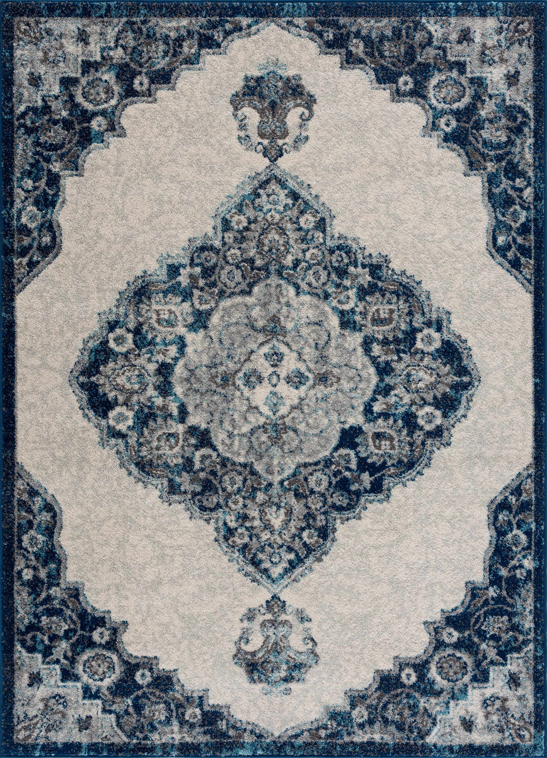 Close-up of the Istanbul Blue Area Rug. Features a traditional Persian-style design in ivory and navy. Design-Rectangle