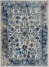 Close-up of the Istanbul Vintage Blue Area Rug, showcasing its ivory base and navy, gray, and blue traditional, oriental pattern. Design-Rectangle