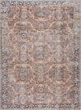 Close-up of Bian Washable Area Rug. Features a vintage Persian pattern in aqua, beige, brown, and rose cream hues. Design-Rectangle-58