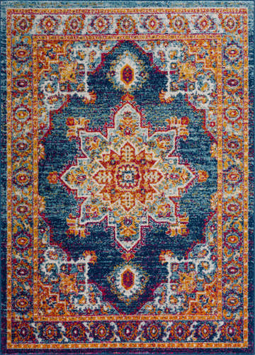 Close-up of the Istanbul Medallion Blue & Orange Area Rug, featuring a traditional medallion pattern and vibrant colors. Design-Rectangle-46