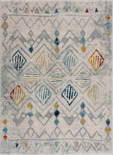 Close-up of Istanbul Aztec Area Rug with geometric pattern in light gray, blue, mustard, and pink on off-white. Design-Rectangle