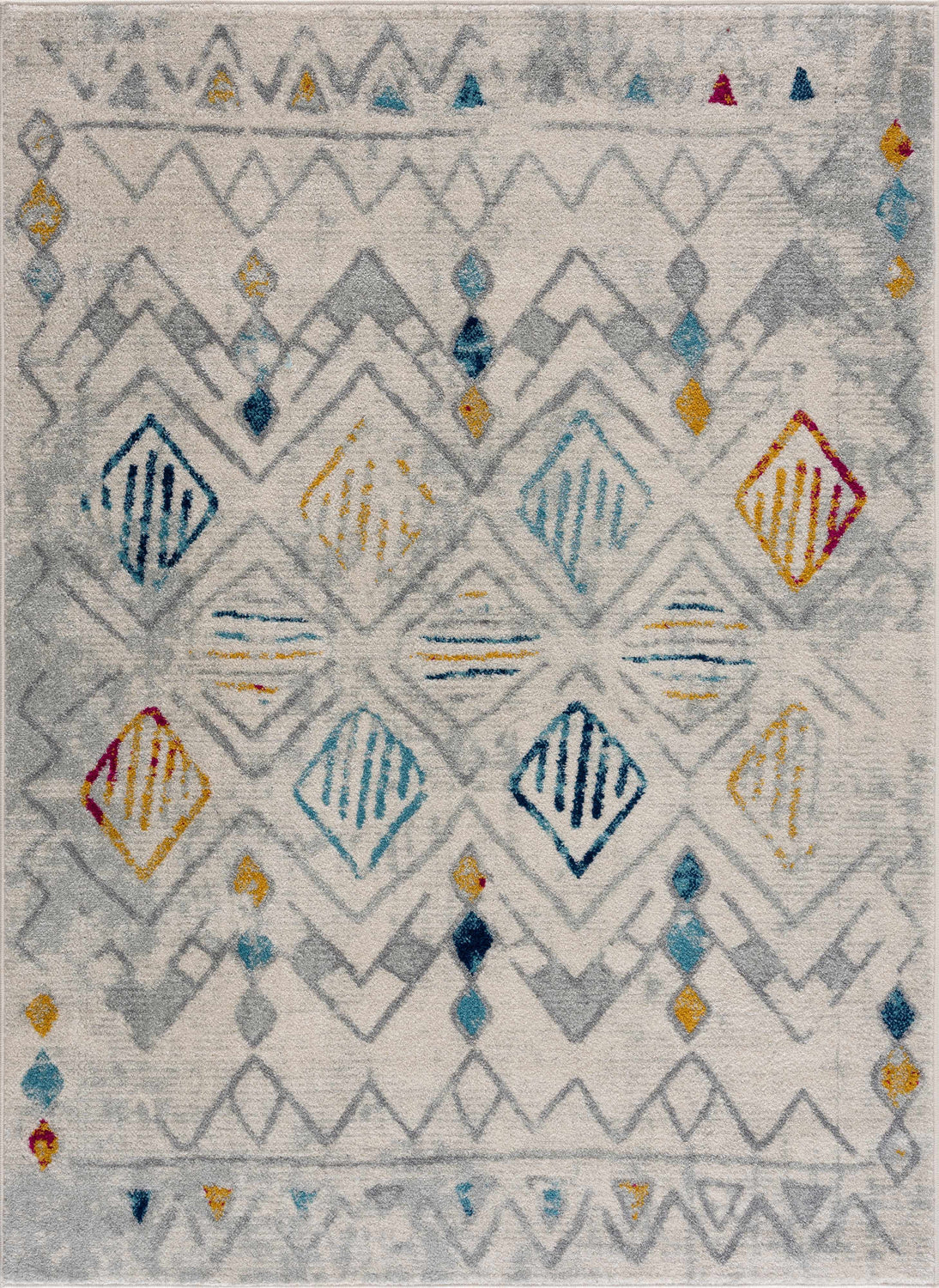 Close-up of Istanbul Aztec Area Rug with geometric pattern in light gray, blue, mustard, and pink on off-white. Design-Rectangle