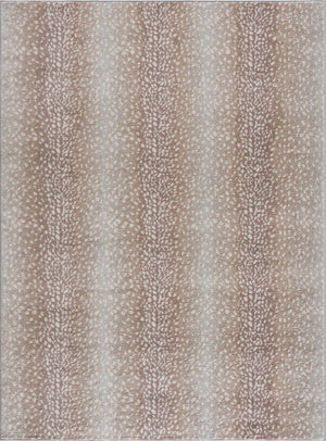 Close-up of Pointblank Tan Leopard Print Rug. Animal print rug in tan, ivory, gray, and light slate. Design-Rectangle
