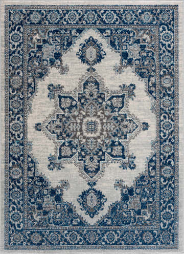 Close-up of the Istanbul Medallion Blue Area Rug, featuring a traditional ivory and navy medallion pattern. Design-Rectangle-57