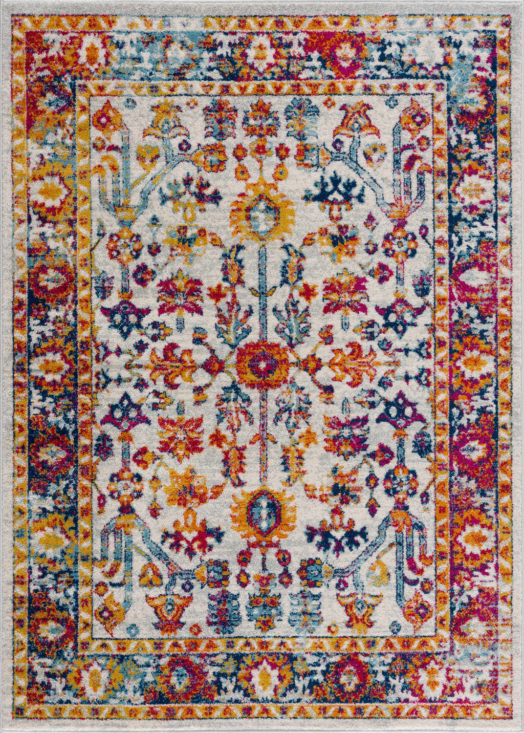 Close-up of the Istanbul Colorful Rug, a machine-woven rug with a traditional floral pattern in light blue, mustard, navy, and pink. Design-Rectangle