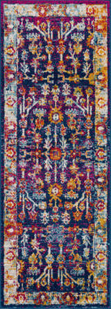 Close-up of the Istanbul Vintage Navy Area Rug with a traditional floral pattern in navy, ivory, gold, and pink. Design-Runner