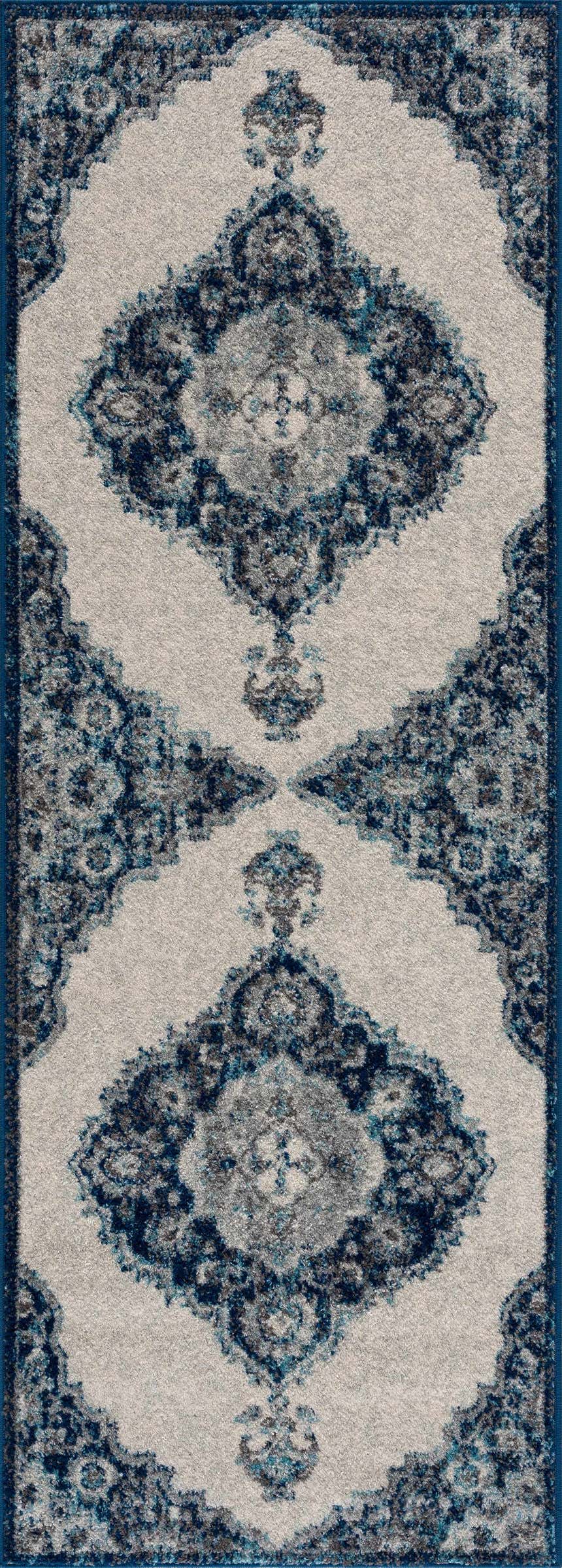 Close-up of the Istanbul Blue Area Rug, featuring a traditional navy and ivory Persian-inspired design. Design-Runner