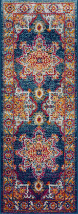 Close-up of the Istanbul Medallion Blue & Orange Area Rug featuring a traditional medallion pattern and vibrant colors. Design-Runner