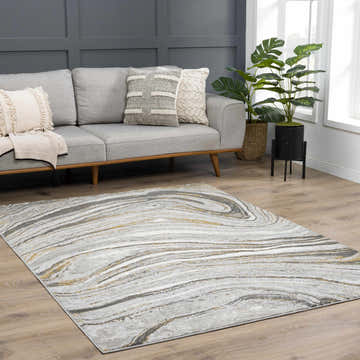Living room scene with gray sofa and Live Marble Gray & Gold Area Rug on wood floor. Roomscene-Rectangle