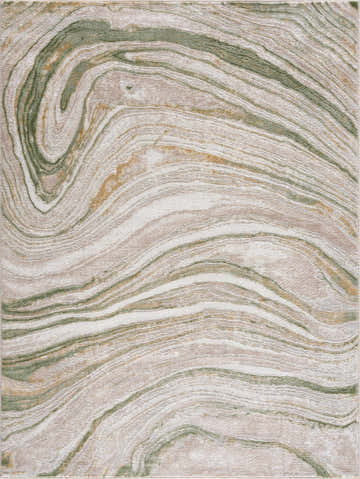 Close-up of the Live Marble Green Area Rug. Cream, green, and gold swirl in a contemporary marble pattern. Design-Rectangle
