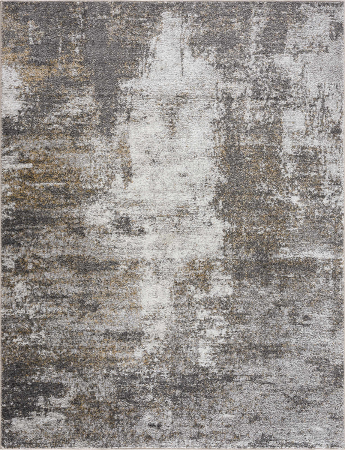 Close-up of the Liveree Abstract Area Rug, featuring a distressed pattern in light gray, medium gray, off white, and rust. Design-Rectangle-233
