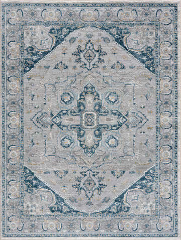 Close-up of Liverpool Blue Area Rug with traditional light blue, gray, and mustard floral medallion pattern. Design-Rectangle