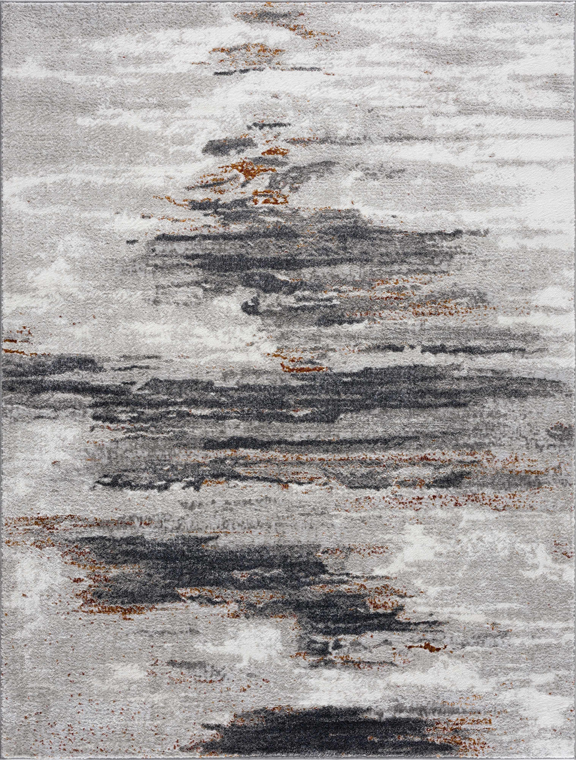 Close-up of the Live Marble Gray Area Rug showcasing its charcoal, rust, and gray abstract design. Design-Rectangle-46