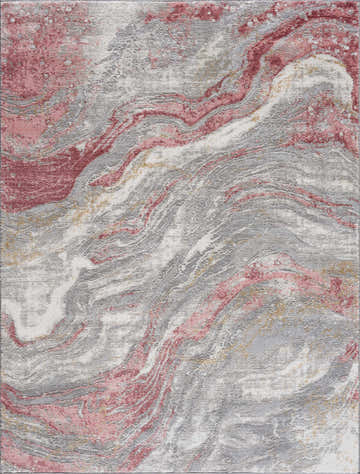 Close-up of Lively Marble Pink Area Rug. Abstract design with pink, rust, gray, and off-white swirling pattern. Design-Rectangle