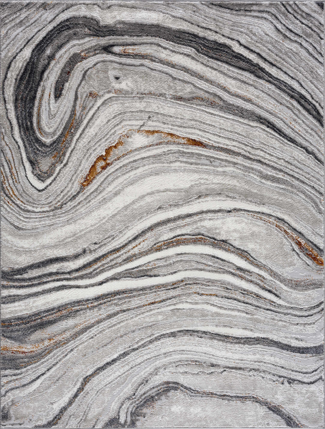 Close-up of Live Marble Dark Gray Area Rug. Abstract, swirling charcoal, gray, off-white, and rust pattern. Design-Rectangle