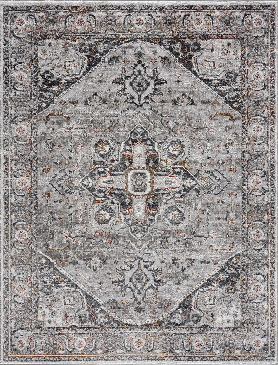 Close-up of the Liverpool Dark Gray Area Rug, showcasing its traditional design, charcoal gray, rust, and off-white colors. Design-Rectangle-57