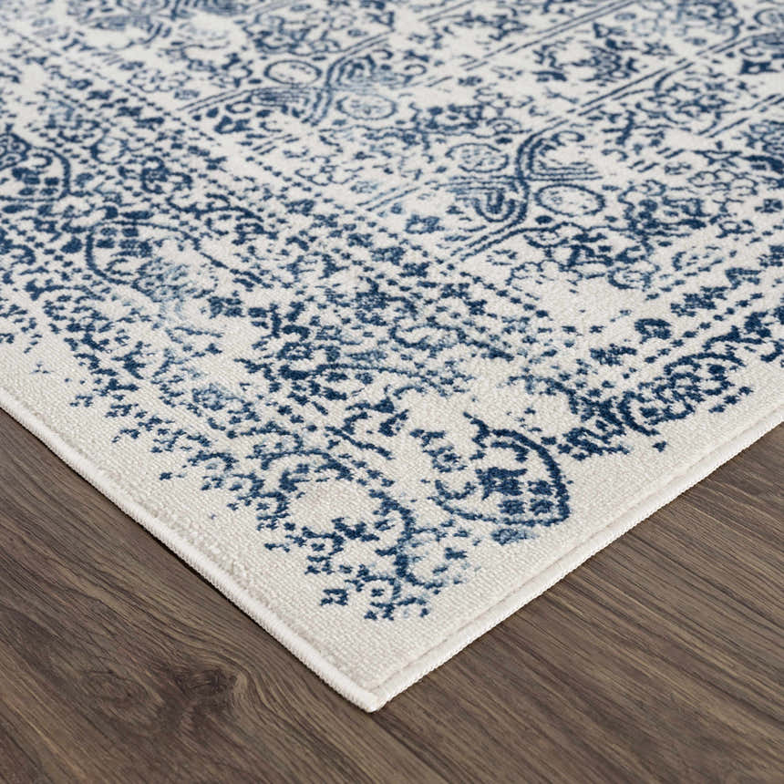 Close up of the Michie Blue Area Rug showing its traditional blue and white pattern. Corner