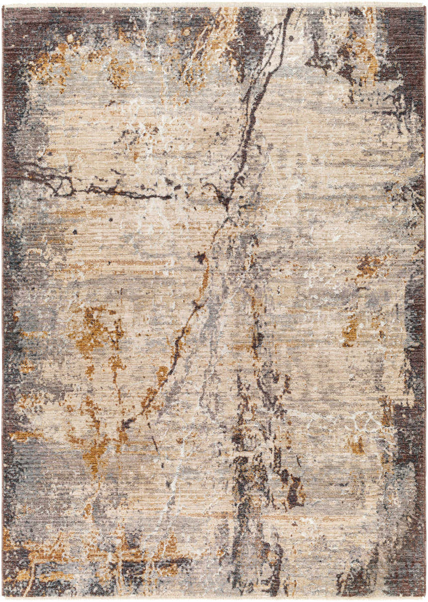 Close-up of the Alexi Luxe Rug with Fringes. Beige, gray, and brown abstract pattern. Contemporary style. Design-Rectangle-579