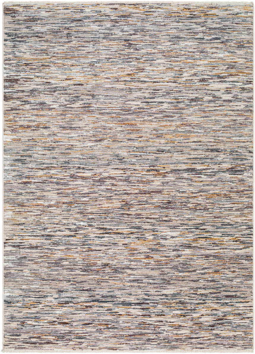 Close-up of the Apria Area Rug, a machine-woven rug with a contemporary design in beige, brown, and gray tones. Design-Rectangle-579