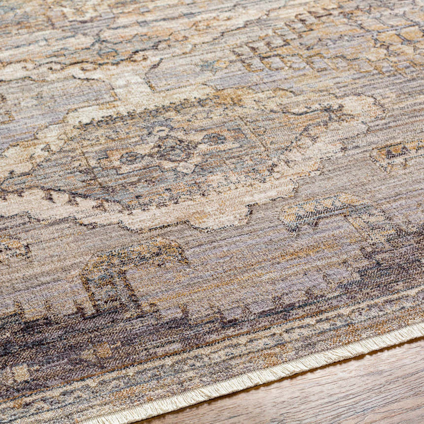 Close up of Clegg Luxe Rug with Fringes. Beige, gray, and tan traditional pattern with fringe detail. Texture