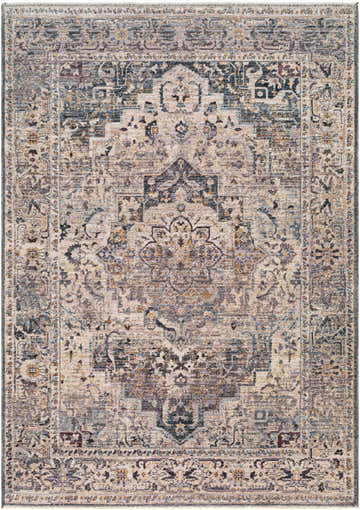 Detailed beige Rada Area Rug with traditional charcoal and camel floral pattern. Machine woven texture. Design-Rectangle-579