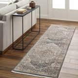Living room scene with a beige sofa, console table, and a beige and charcoal Rada Area Rug runner. Roomscene-Runner