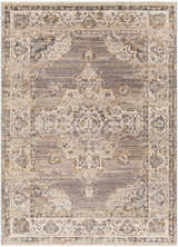 Close-up of a Cream Brown Zola Area Rug with a traditional floral pattern in beige, tan, gray, and charcoal hues. Design-Rectangle-579